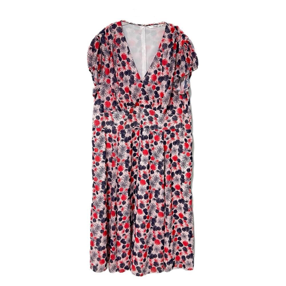 eShakti Midi Dress Womens 3X 26W Red Blue Dandelion Babydoll Whimsical Flowy